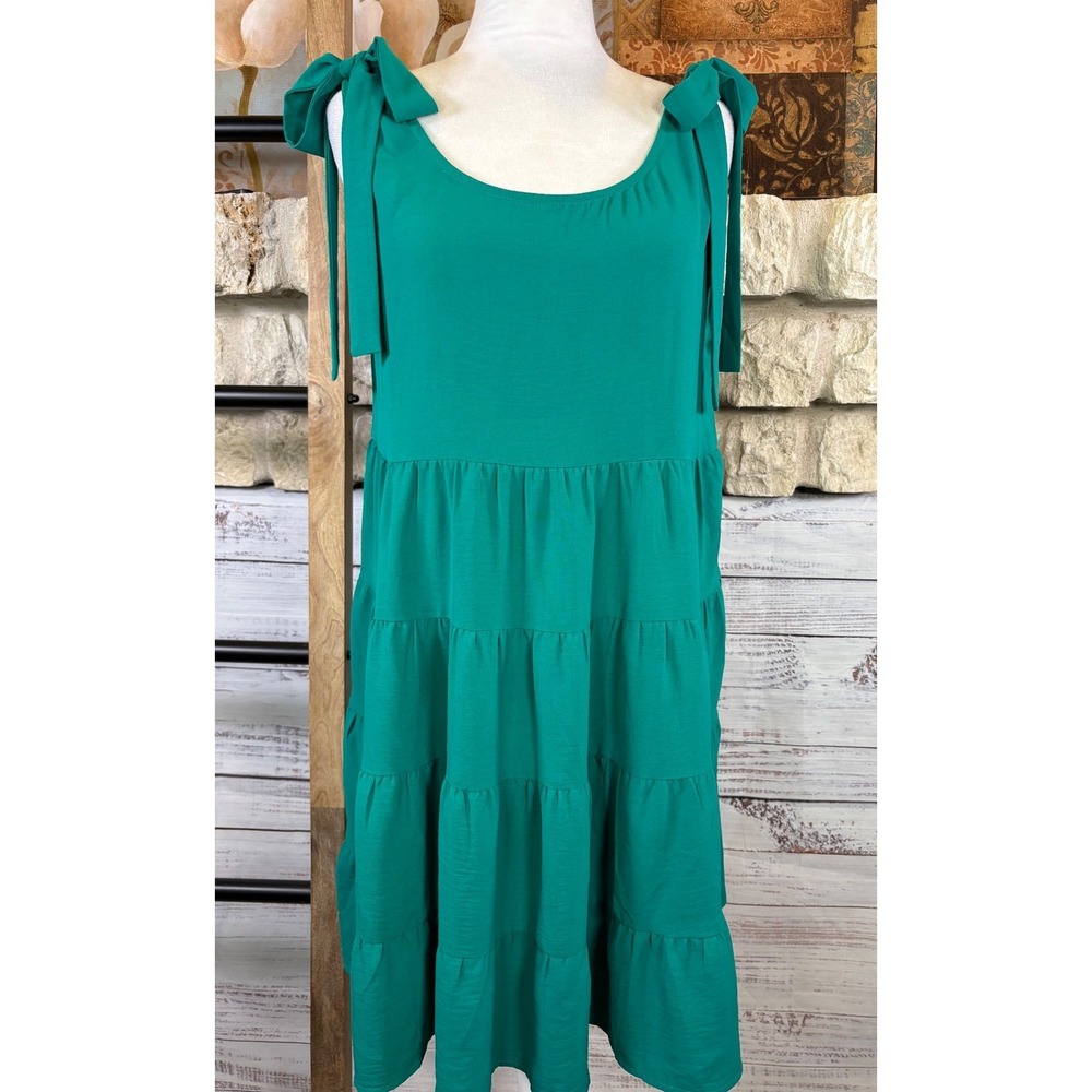 Jodifl Teal Green Tiered Tie Shoulder Sleeveless Shift Dress Womens Small